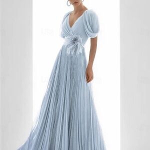 Chic Light Blue Maxi Dress with Floral Detail